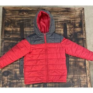 Gymboree Boys Size Small 5-6 Red & Gray Puffer Jacket Hooded Full Zip Up